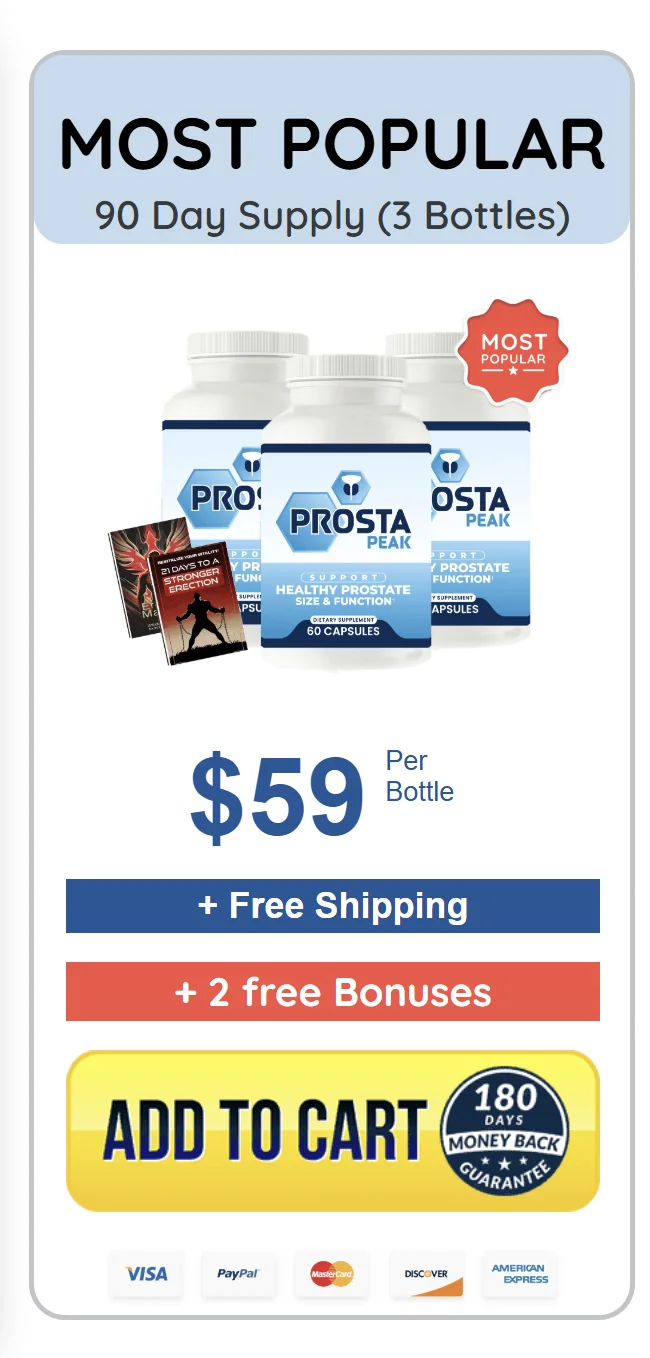 Prosta Peak MOST POPULAR 6 bottles 180 day supply 49 per bottle total 294 free shipping bonuses Buy Now pricing card